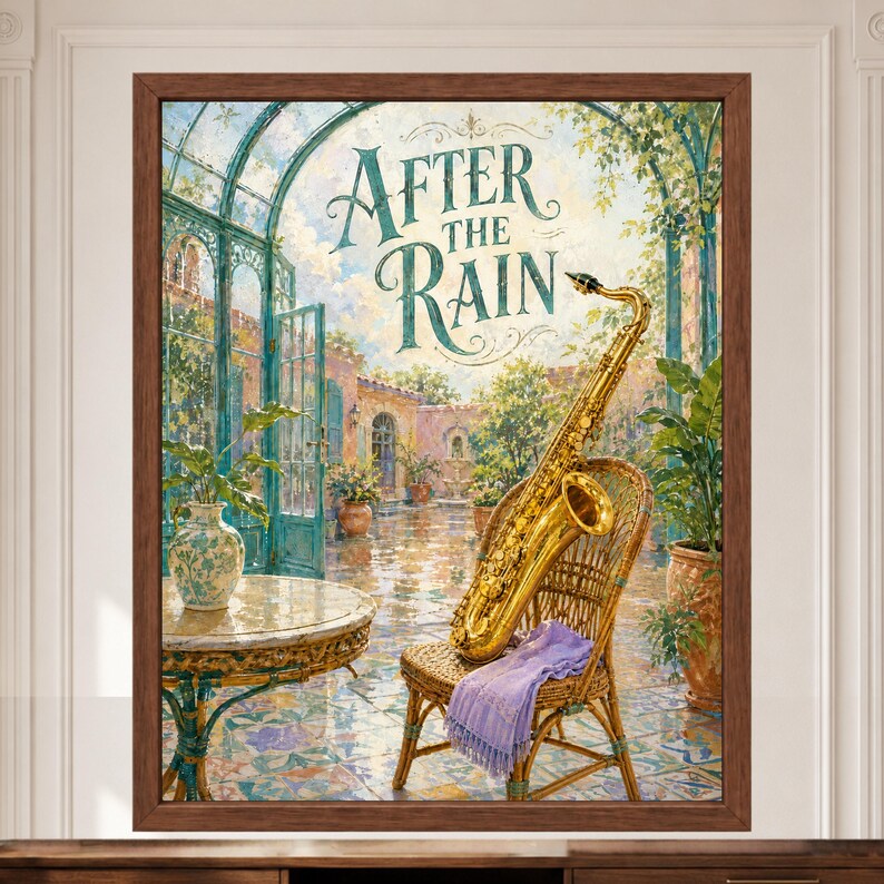 May include: A framed wall art print titled After The Rain featuring a golden saxophone resting on a wicker chair with a purple cloth, set in a sunlit courtyard with a tiled floor, potted plants, and a glass-enclosed structure in the background.