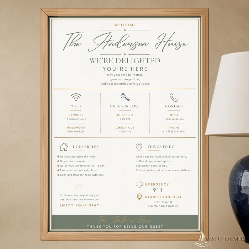 May include: A framed welcome sign for The Anderson House featuring dark gray and gold text on a white background. It includes sections for Wi-Fi, check-in and check-out times, contact details, house rules, local recommendations, and emergency information.