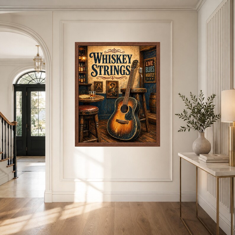 Op de afbeelding: Een ingelijste kunstdruk getiteld Whiskey Strings met een akoestische gitaar die tegen een houten kruk leunt in een bar, met een glas whisky op een kleine tafel en een bordje met de tekst Live Blues Nightly aan de muur.