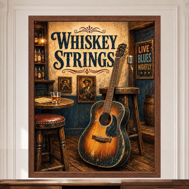 Op de afbeelding: Een ingelijste kunstdruk getiteld Whiskey Strings met een akoestische gitaar die tegen een houten kruk in een bar leunt. De sc&egrave;ne bevat een glas whisky op een tafel, een microfoon en wandborden met de tekst Whiskey Strings en Live Blues Nightly.