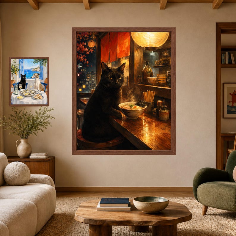 May include: Two framed wall art prints displayed on a beige wall. The larger print features a black cat sitting at a wooden counter with a steaming bowl of ramen. The smaller print shows a black cat and a dog sitting at a table with food.