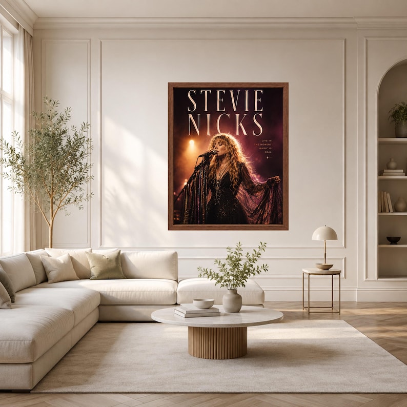 May include: A framed wall poster featuring a photograph of Stevie Nicks performing on stage with a microphone, wearing a dark lace garment. The text STEVIE NICKS is printed in large white capital letters at the top of the dark, atmospheric image.