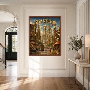 May include: A framed wall art print titled Brass Boulevard featuring a steampunk-inspired city street scene with golden brass musical instrument architecture, a central tram, and figures walking under a blue sky with clouds in a brown frame.