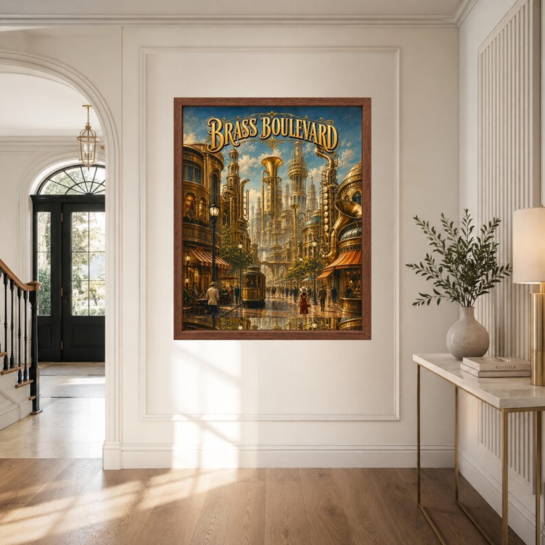 May include: A framed wall art print titled Brass Boulevard featuring a steampunk-inspired city street scene with golden brass musical instrument architecture, a central tram, and figures walking under a blue sky with clouds in a brown frame.