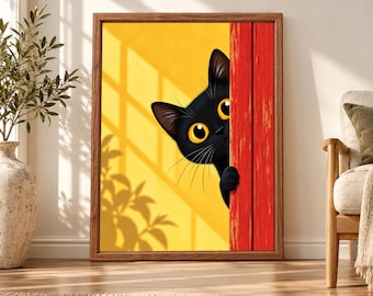 Peeking Black Cat Wall Art, Colorful Doorway Print (Digital Download)
