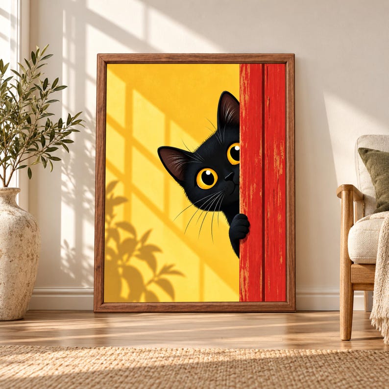 Framed black cat wall art showing a curious black cat with large golden eyes peeking around a weathered red doorway against a bright yellow background with soft plant and window shadows.