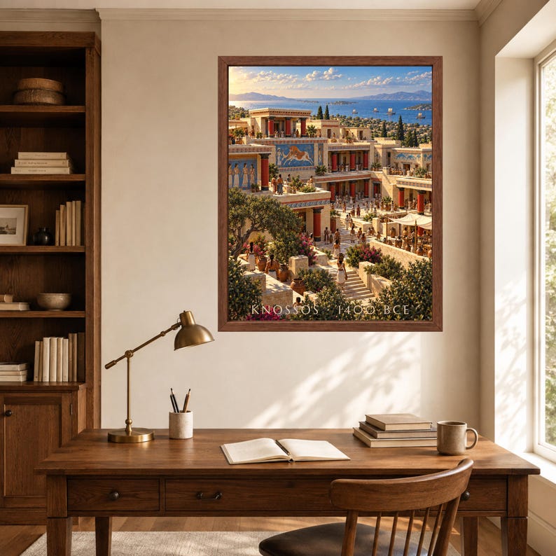 May include: A framed wall art print depicting the ancient Minoan palace of Knossos, featuring multi-level stone architecture, red columns, blue frescoes, and figures in a courtyard, with the text KNOSSOS 1400 BCE printed at the bottom center.