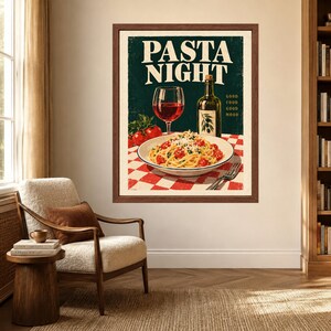 Pasta Night Poster, Retro Italian Kitchen Art, Wine & Olive Oil Print (Digital Download) image 3