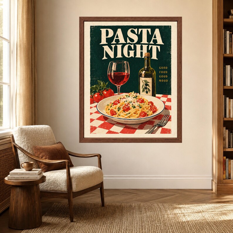 Pasta Night Poster, Retro Italian Kitchen Art, Wine & Olive Oil Print (Digital Download) image 3