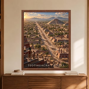 Framed Teotihuacan 400 CE wall art showing a reconstructed ancient Mexican city with the Pyramid of the Sun, a crowded ceremonial avenue, temple platforms, painted buildings and mountains under warm evening light.