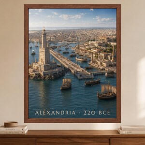 May include: A framed wall art print depicting the ancient city of Alexandria in 220 BCE, featuring the Lighthouse of Alexandria, a long stone causeway, multiple wooden sailing ships in the harbor, and the text ALEXANDRIA 220 BCE at the bottom.