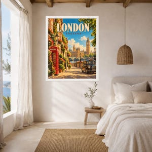 May include: A framed wall art print featuring a vibrant London street scene with a red telephone booth, a black taxi, and the Big Ben clock tower in the distance. The text LONDON ENGLAND is printed in large, bold, cream-colored letters at the top.