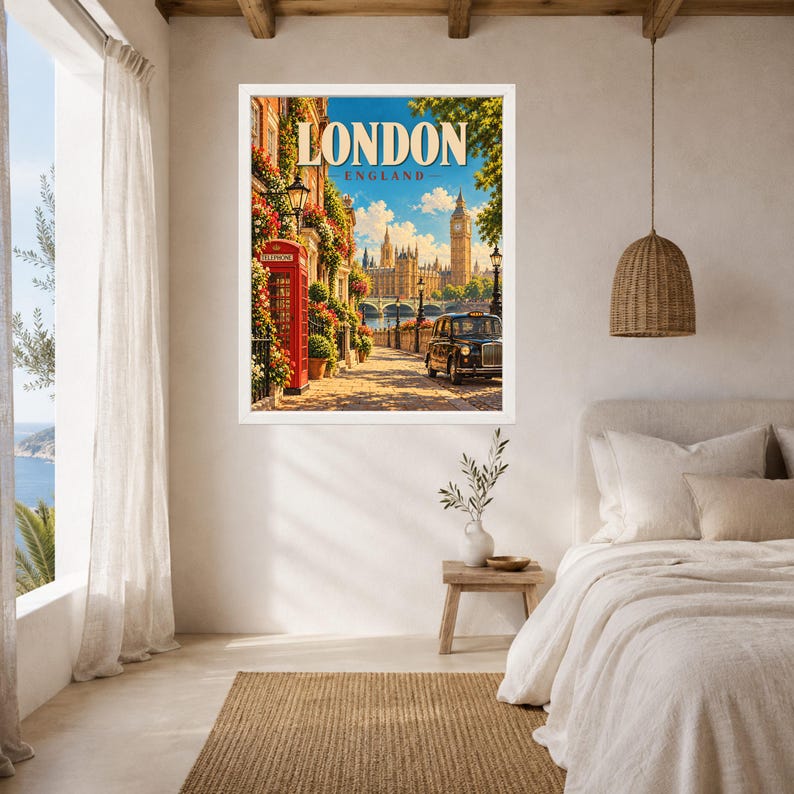 May include: A framed wall art print featuring a vibrant London street scene with a red telephone booth, a black taxi, and the Big Ben clock tower in the distance. The text LONDON ENGLAND is printed in large, bold, cream-colored letters at the top.