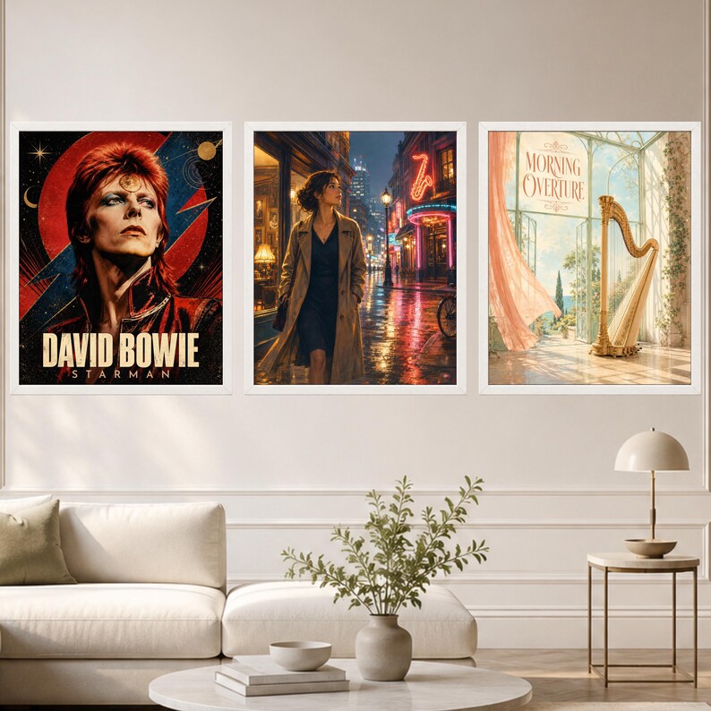May include: Three framed wall art prints. The left print features David Bowie with a red lightning bolt and the text 'DAVID BOWIE STARMAN'. The center print shows a person in a trench coat on a rainy city street. The right print displays a harp.