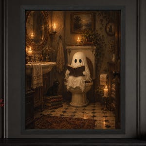 Gothic Ghost Reading on Toilet Print, Black Cat Bathroom Art (Digital Download) image 2