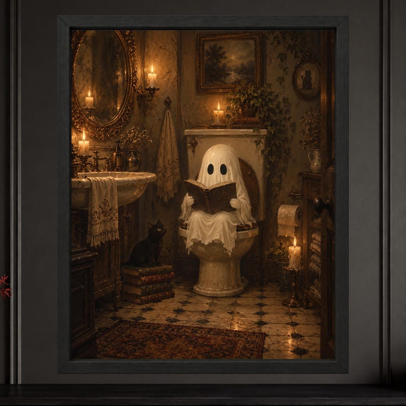 Gothic Ghost Reading on Toilet Print, Black Cat Bathroom Art (Digital Download) image 2