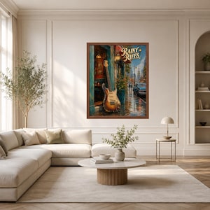 Puede incluir: Una impresi&oacute;n art&iacute;stica enmarcada titulada Rainy Riffs, que muestra una guitarra el&eacute;ctrica apoyada contra una puerta en una calle lluviosa con un coche antiguo, iluminaci&oacute;n interior c&aacute;lida y un marco de madera marr&oacute;n oscuro.