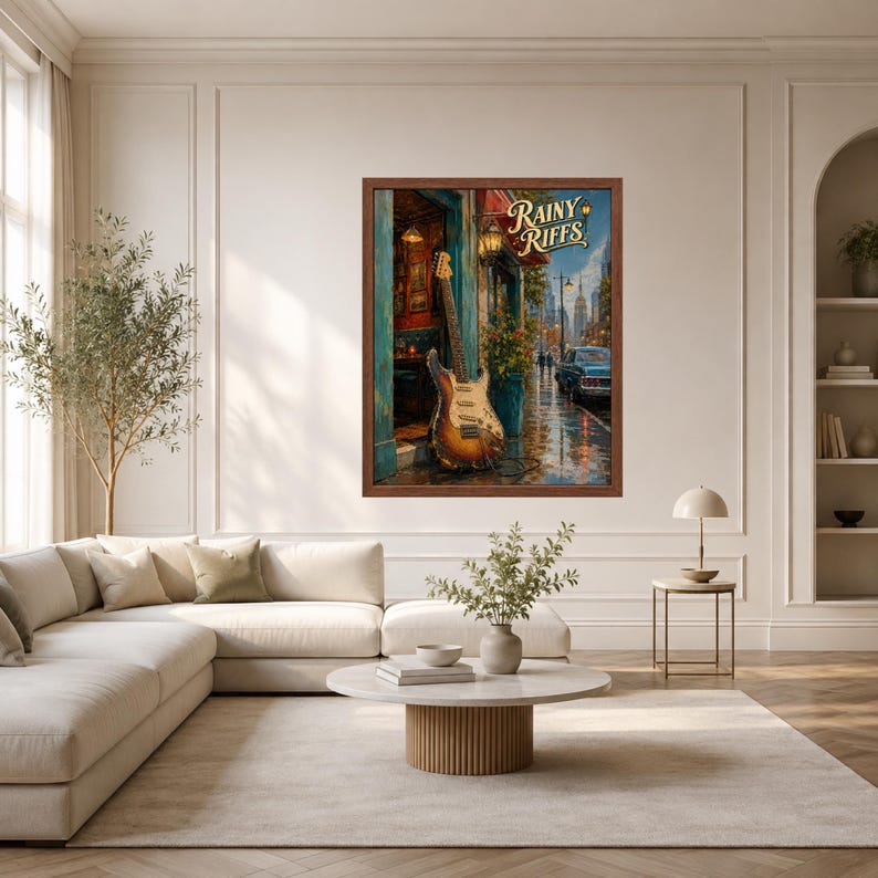 Puede incluir: Una impresi&oacute;n art&iacute;stica enmarcada titulada Rainy Riffs, que muestra una guitarra el&eacute;ctrica apoyada contra una puerta en una calle lluviosa con un coche antiguo, iluminaci&oacute;n interior c&aacute;lida y un marco de madera marr&oacute;n oscuro.