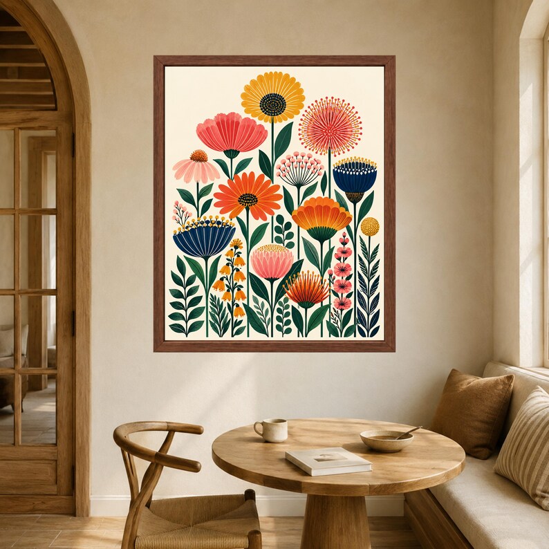 Colorful Floral Wall Art, Mid Century Botanical Print, Retro Folk Flower Poster, Digital Download image 5