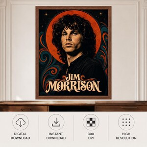 May include: A framed poster featuring a portrait of Jim Morrison with curly dark hair, set against a vibrant orange circular background with swirling teal and orange patterns. The name JIM MORRISON is printed in a stylized cream font at the bottom.