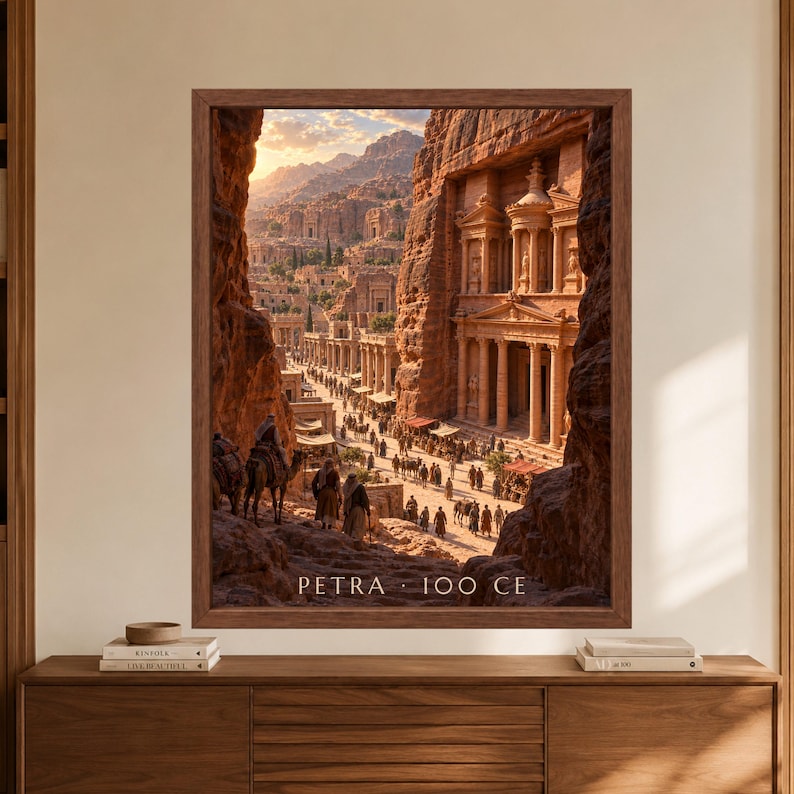 Framed Petra 100 CE wall art showing a reconstructed Nabataean city with the Treasury carved into rose sandstone cliffs, crowded streets, camel caravans, market stalls and desert mountains in warm evening light.