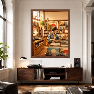 May include: A framed wall art print depicting a person browsing through vinyl records in a warm, sunlit shop. The artwork features shelves filled with records, a turntable, and speakers, all rendered in a soft, golden-toned color palette.