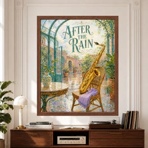 Framed After the Rain saxophone wall art featuring a golden saxophone on a woven chair inside a bright turquoise glass conservatory with wet patterned tiles, lush plants and a rain-washed garden courtyard.