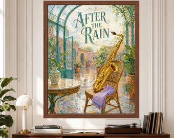 Muurdecoratie met saxofoonmotief 'After the Rain', botanische jazzprint (digitale download)