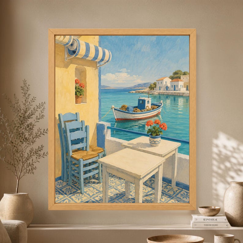 Framed Mediterranean wall art showing a Greek-style seaside taverna terrace with blue chairs, yellow walls, patterned tiles, red flowers and a fishing boat floating in a turquoise harbor.