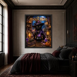 May include: A framed wall art print titled Potion Hour featuring a black cat wearing a purple witch hat and cape, stirring a glowing purple cauldron. The scene includes candles, glass bottles, crystals, and a pumpkin on a wooden table.