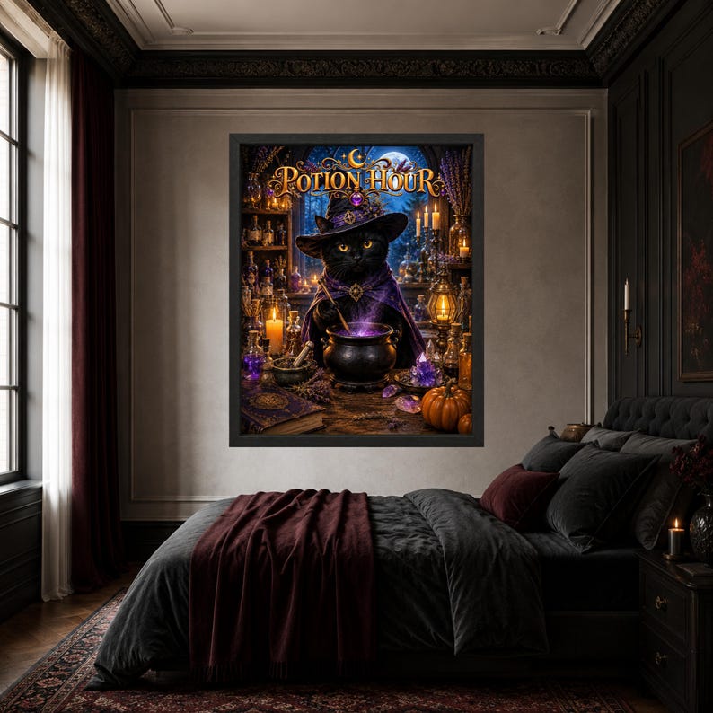 May include: A framed wall art print titled Potion Hour featuring a black cat wearing a purple witch hat and cape, stirring a glowing purple cauldron. The scene includes candles, glass bottles, crystals, and a pumpkin on a wooden table.