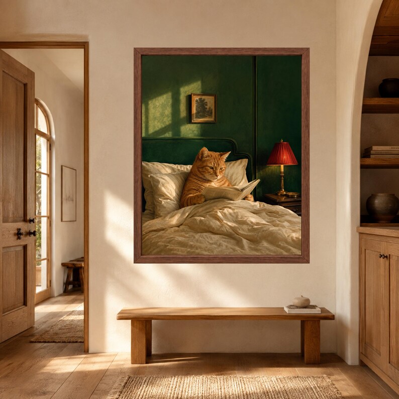 Cat Reading Wall Art, Orange Tabby in Bed, Whimsical Book Lover Print, Digital Download image 8