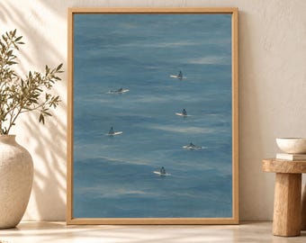 Minimalist Surfers Ocean Print, Muted Blue Coastal Wall Art (Digital Download)