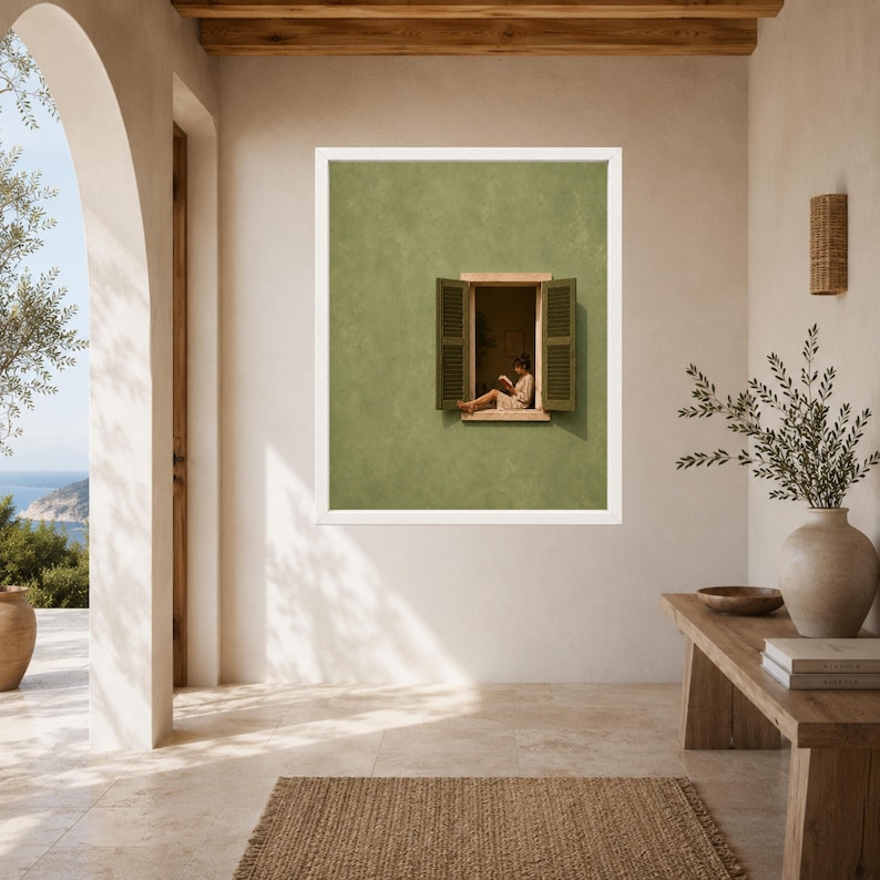 May include: A framed wall art print featuring a sage green wall with an open window. The window has dark green shutters and shows a person sitting on the ledge reading a book. The artwork is displayed in a white frame on a neutral wall.