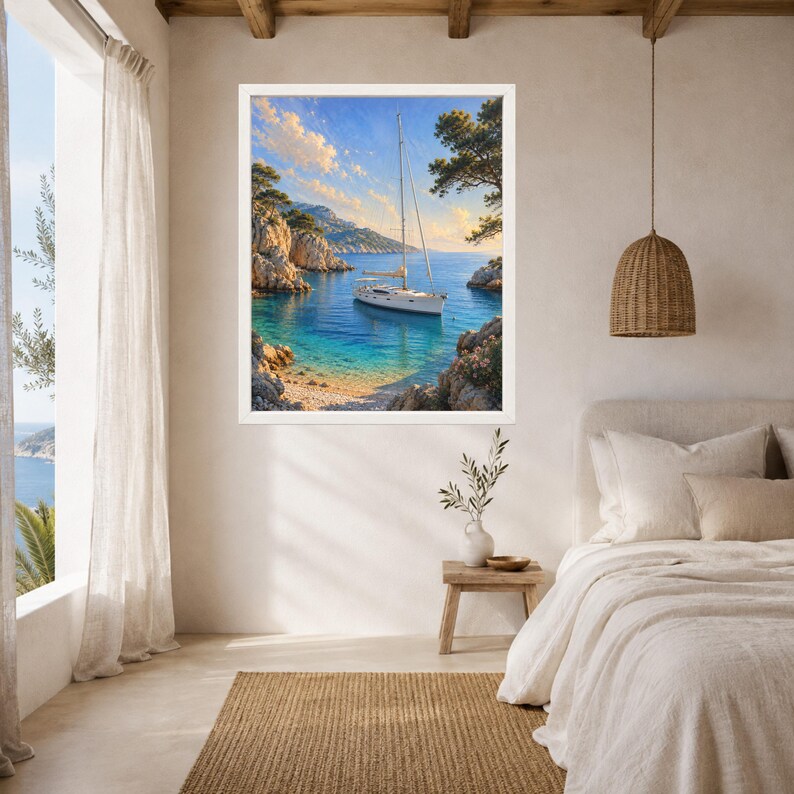 May include: A framed wall art print depicting a white sailboat anchored in a turquoise cove surrounded by rocky cliffs under a bright blue sky with soft clouds. The scene captures a calm coastal landscape with clear water and natural vegetation.