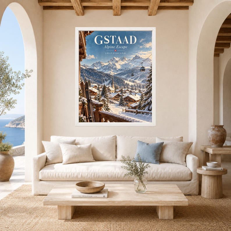 Gstaad Swiss Alps Travel Poster, Alpine Village, Ski Resort (Digital Download) image 3