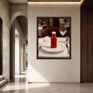 May include: A framed wall art print featuring a red ketchup bottle centered on a white dinner plate. The table setting includes a crystal wine glass, a silver fork, a silver knife, and a white napkin, all arranged on a white tablecloth.