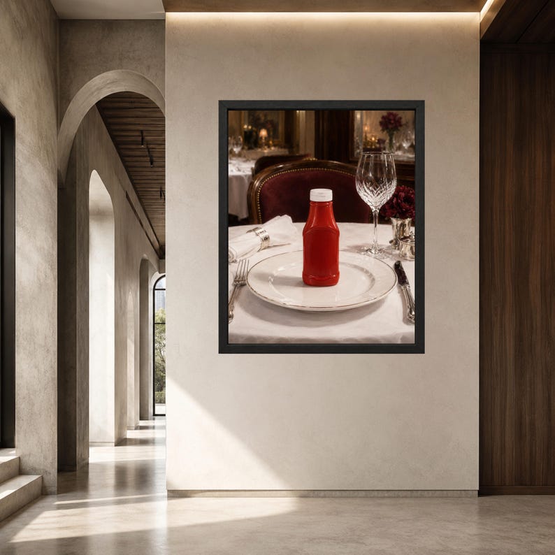 May include: A framed wall art print featuring a red ketchup bottle centered on a white dinner plate. The table setting includes a crystal wine glass, a silver fork, a silver knife, and a white napkin, all arranged on a white tablecloth.