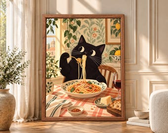 Black Cat Spaghetti Print, Italian Kitchen Art, Pasta Lover Poster (Digital Download)