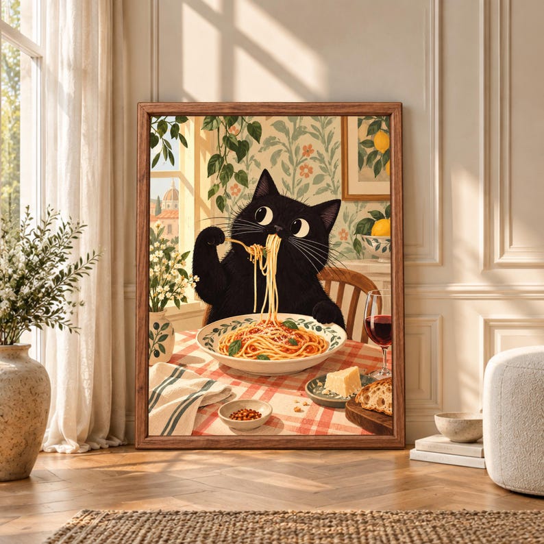 Framed funny black cat kitchen wall art showing a wide-eyed cat eating spaghetti at a red checked table with wine, cheese and bread in a warm Italian-style interior.