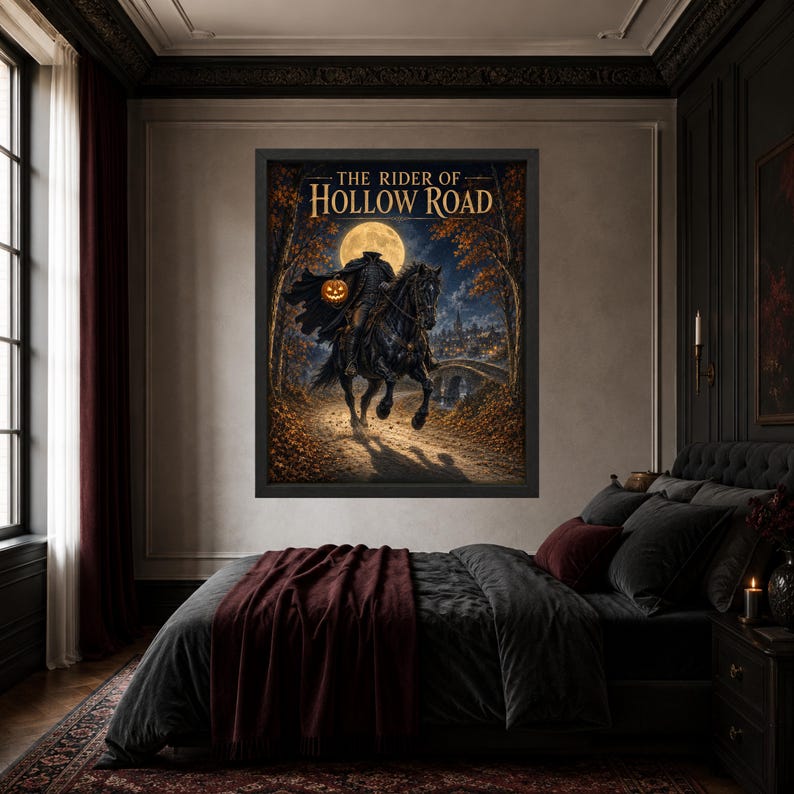 May include: A framed wall art print titled The Rider of Hollow Road, depicting a headless figure in a dark cloak riding a black horse through an autumn forest at night, holding a glowing jack-o'-lantern under a large, bright full moon.