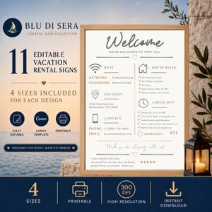 Airbnb guest information sign bundle with 11 editable Canva vacation rental templates featuring WiFi, address, contact details, house rules, checkout and review request.