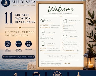 Airbnb Guest Information Sign Bundle, 11 Editable Canva Templates with House Rules and Checkout