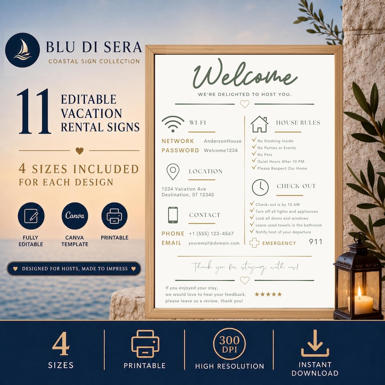 Airbnb guest information sign bundle with 11 editable Canva vacation rental templates featuring WiFi, address, contact details, house rules, checkout and review request.