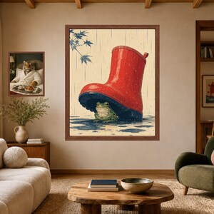 Japanese Woodblock Frog Under Red Boot Print, Whimsical Animal Art (Digital Download) image 3