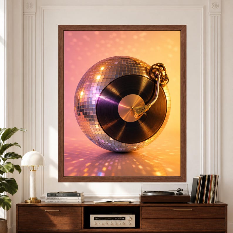 Framed disco music wall art featuring a mirrored disco ball combined with a glossy black vinyl record and gold turntable tonearm, illuminated by warm pink, peach, purple and golden reflections.
