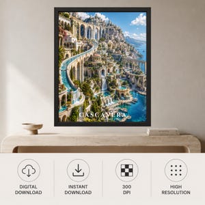 Puede incluir: Una impresi&oacute;n de arte mural vertical enmarcada que representa una ciudad costera con cascadas, acueductos de piedra y agua azul. El texto CASCAVERA City of a Thousand Falls est&aacute; impreso en la parte inferior central en letras blancas.