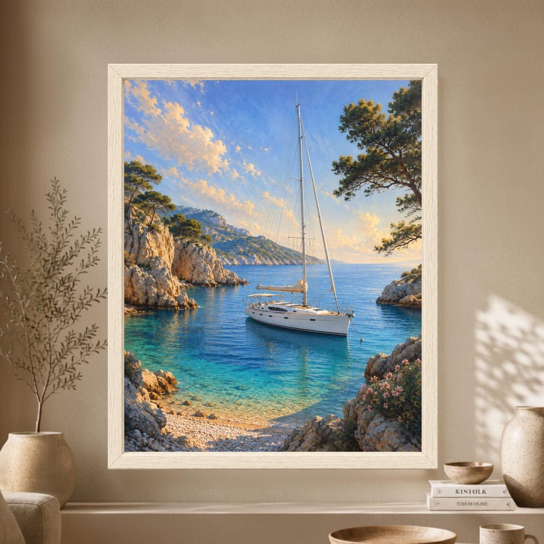 Framed Mediterranean sailboat wall art showing a white sailing yacht anchored in a clear turquoise cove surrounded by rocky limestone cliffs, pine trees and bright blue sea.