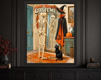 Funny Skeleton Halloween Costume Poster, Retro Black Cat Decor (Digital Download)