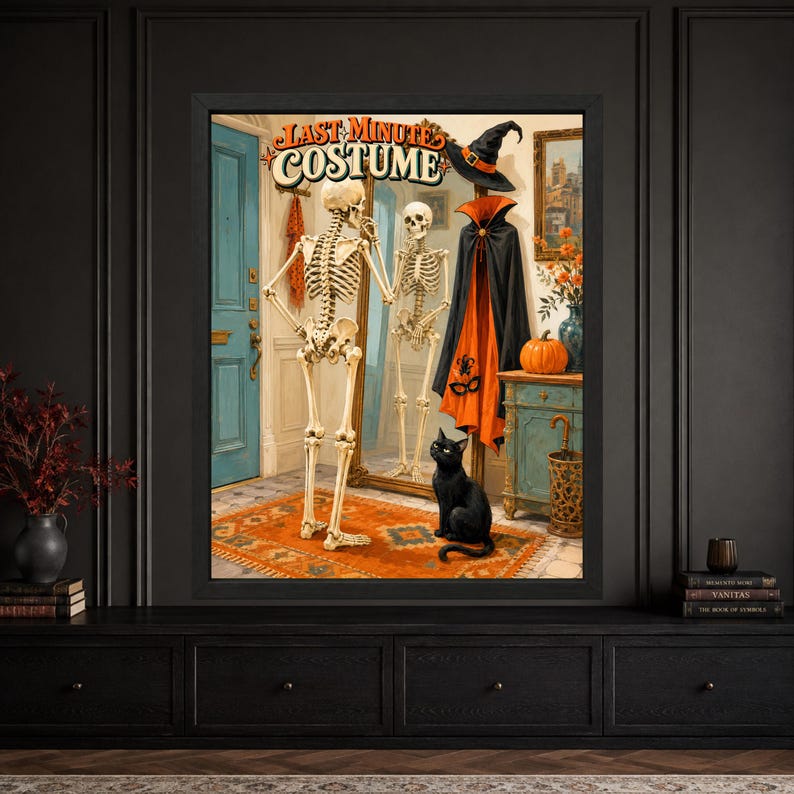 Framed funny Halloween wall art showing a skeleton checking its reflection beside a witch costume, black cat and pumpkin in a retro entryway beneath Last Minute Costume lettering.